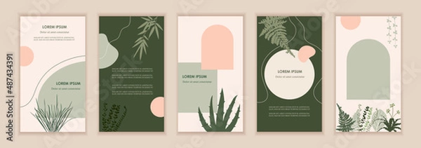 Obraz Set of natural style templates for banners, flyers, stories, brochures, web and social media posts. Organic design. Foliage, plants abstract shapes. Vector flat illustrations. EPS 10