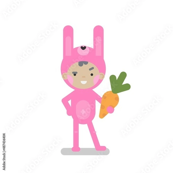 Obraz Vector easter illustration with cute character boy or kid in pink bunny costume and big carrot for card, print or background. 