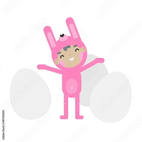 Obraz Vector easter illustration with cute character boy or kid in pink bunny costume and eggs for card, print or background. 