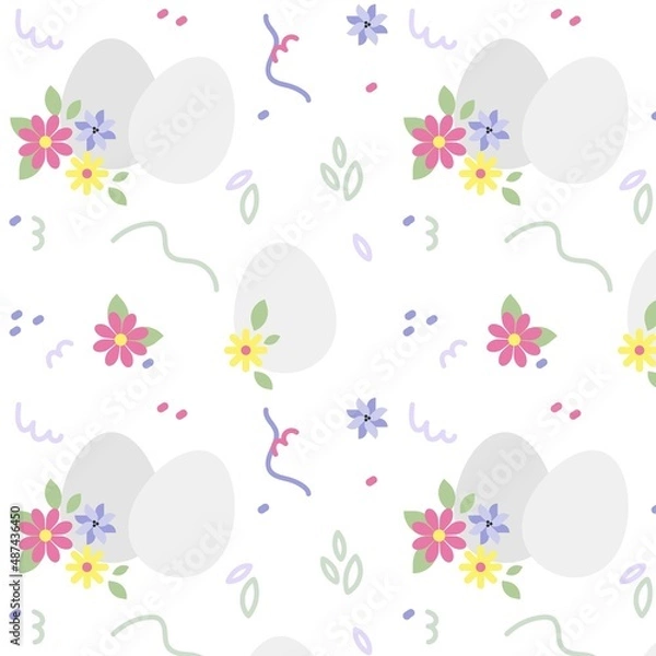Obraz Vector easter pattern with eggs, flowers and abstract doodles on white background. 