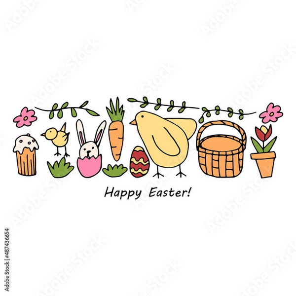 Obraz easter print with hand drawn colored elements and lettering happy easter