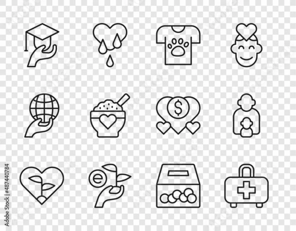 Fototapeta Set line Leaf in heart, First aid kit, Animal volunteer, hand, Education grant, Donation food, charity and Taking care of children icon. Vector
