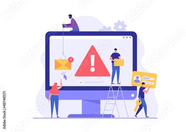 Fototapeta Concept of hacker attack, fraud investigation, internet phishing attack. Hacker team hacking computer. Internet theft stealing privacy data, account and password. Vector illustration in flat design