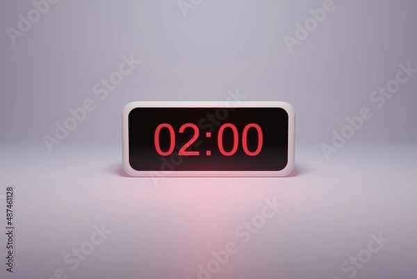 Obraz 3d alarm clock displaying current time with hour and minute 02.00 2 am - Digital clock with red numbers - Time to wake up, attend meeting or appointment - Ring bounce alarm clock background image