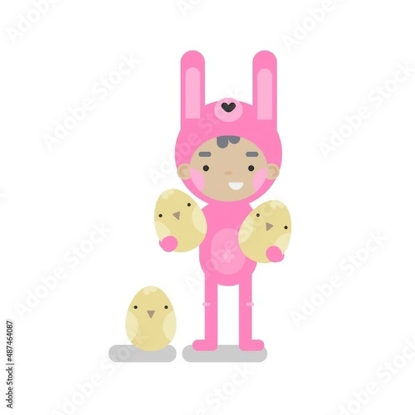 Obraz Vector easter illustration with cute character boy or kid in pink bunny costume yellow chickens painted on eggs.