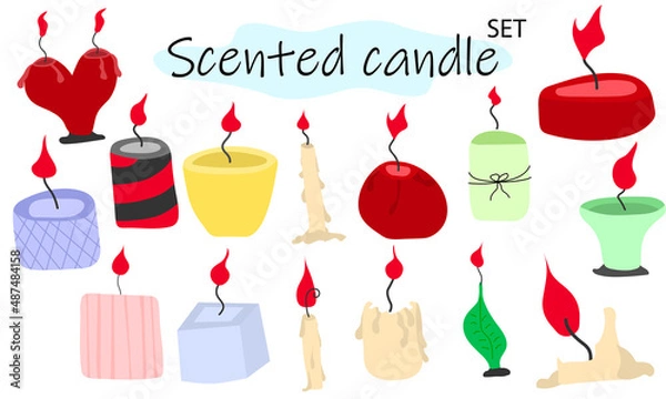 Obraz A set of scented candles with a burning fire. Candles for interior, lighting and romantic dates. Aromatherapy. Vector illustration in color design on a white background.