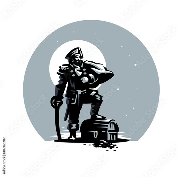 Fototapeta A pirate in a triangle leans on a saber and stands with one foot on a treasure chest. Against the background of the moon and stars.