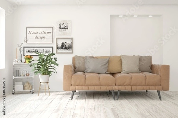 Fototapeta White living room with sofa. Scandinavian interior design. 3D illustration