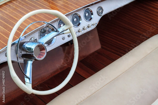 Obraz Luxury wooden motor boat - steering wheel and leather seats