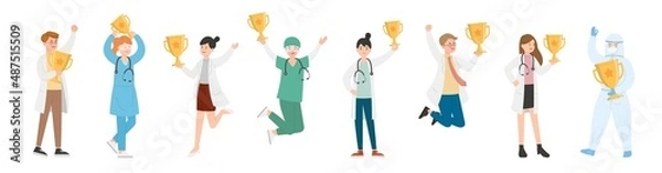 Fototapeta Group of 8 paramedics man or woman doctor or experimenter, medical worker with trophy and champion, cartoon vector