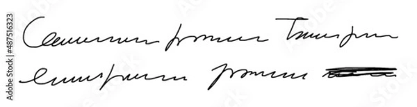 Obraz Illegible words in a sentence. Two lines of unreadable text. Unreadable handwriting. Vector illustration isolated on white background.