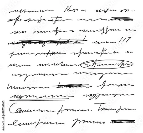 Obraz Vector unreadable handwriting, crossed out phrases. Exclamation points, underlining words in a sentence. Doodle illustration of unreadable text on a white background.
