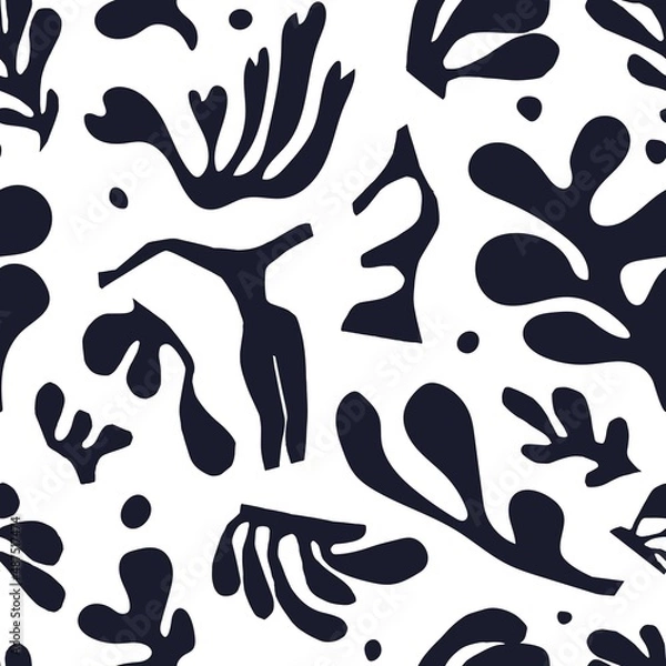 Obraz Abstract seamless pattern with cut out shapes. Black on white pattern inspired by Matisse on a white background. Trend vector illustration with fictional algae.
