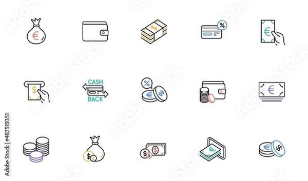 Fototapeta Money and payment line icons. Cash, Wallet and Coins. Account cashback linear icon set. Bicolor outline web elements. Vector