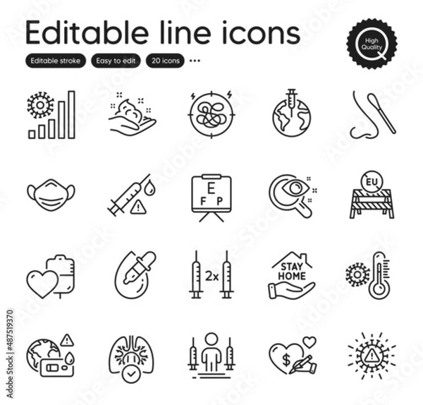 Fototapeta Set of Medical outline icons. Contains icons as Social care, Coronavirus and Thermometer elements. Vision board, Stay home, Eu close borders web signs. Lungs, Coronavirus statistics. Vector