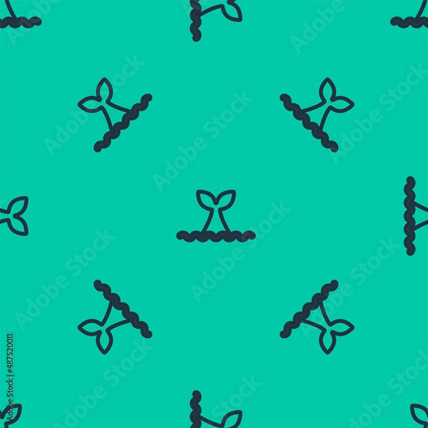 Fototapeta Blue line Whale tail in ocean wave icon isolated seamless pattern on green background. Vector