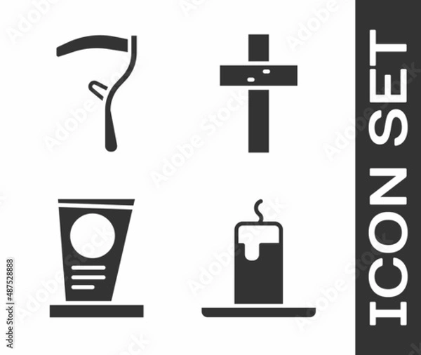 Fototapeta Set Burning candle, Scythe, Grave with tombstone and Christian cross icon. Vector
