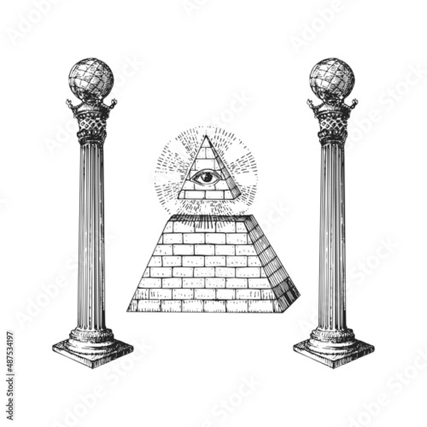 Fototapeta Freemasonry Columns, Eye of Providence in vector.