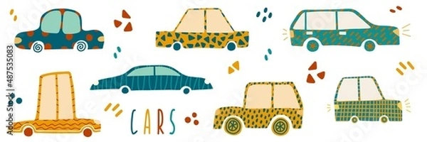 Fototapeta Set with hand drawn cars and abstract dots in cute childish style. Perfect for cards, poster, nursery decoration.