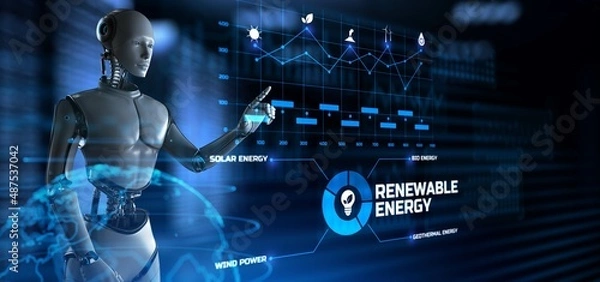 Fototapeta Renewable energy green technology ecology concept. Robot pressing button on screen 3d render.