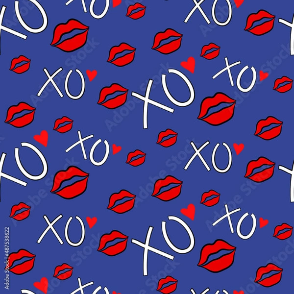 Fototapeta Vector seamless love symbol half-drop pattern, with stylish hearts and xoxo (hugs and kisses) phrase