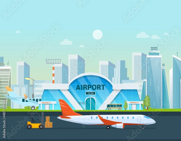 Fototapeta Airport terminal building and airplanes, taxi, car, loader.