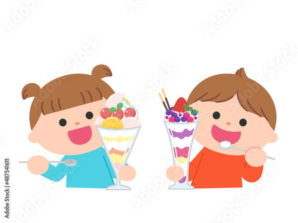 Obraz フルーツパフェを食べる子どもたち