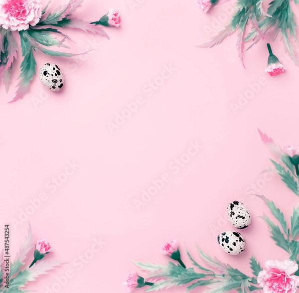Fototapeta Easter composition. Easter eggs, flowers, paper blank on pastel pink background. Flat lay, top view, copy space.