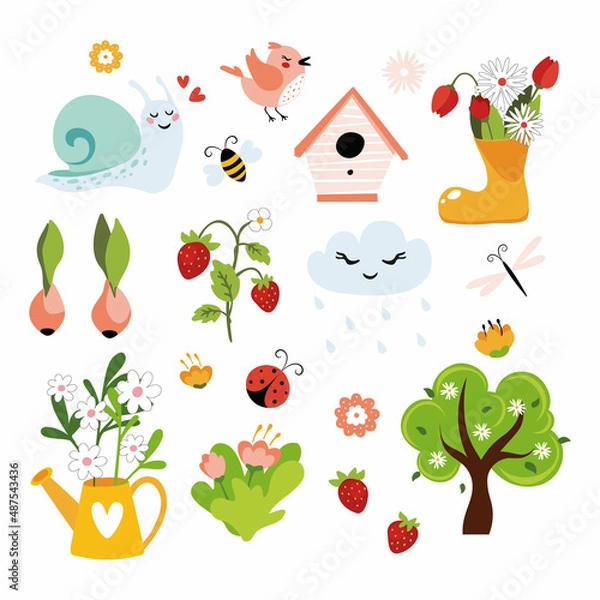 Fototapeta Set of spring season elements. Colllection of cute garden objects, flowers and birds. Vector illustration.
