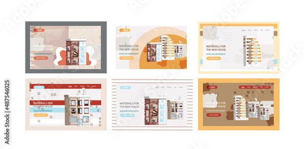 Fototapeta Materials for new house landing page template. Construction and building industry accessories, equipment web site. Goods for interior and facade repairs. Building maintenance and development service
