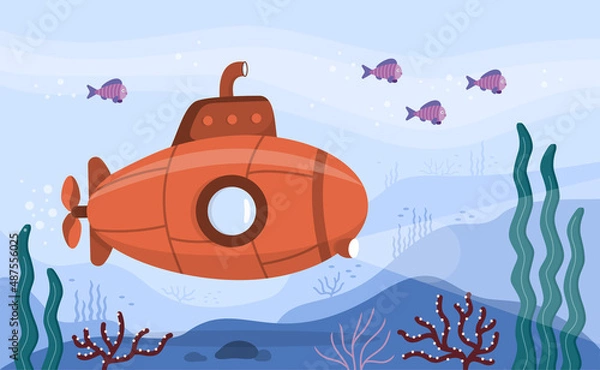 Fototapeta Submarine sea concept. Bright submarine with periscope underwater. Ocean bottom with fish, corals, seaweed. Colorful blue ocean landscape. Cute vector illustration.