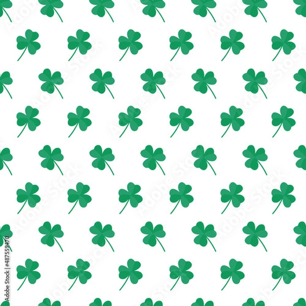 Obraz St Patricks Day pattern with shamrocks. Seamless white background and green clover leaves. Saint Patricks holiday party backdrop. Vector flat illustration