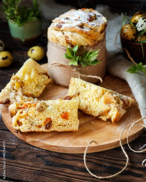 Obraz Easter cupcakes. Painted eggs. Easter still life. Panettone. Easter background