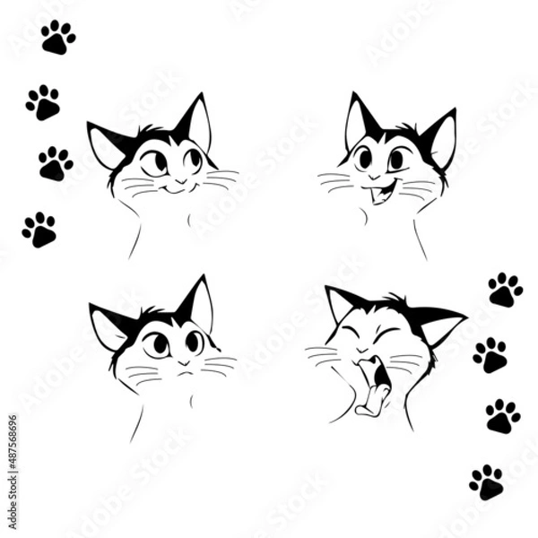 Fototapeta Cats with different emotions. Black and white image in vector. Funny animals.