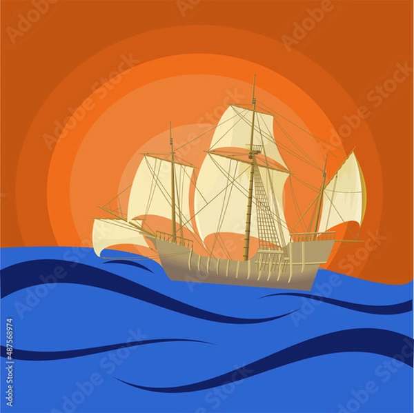 Fototapeta Silhouette of a sailboat at sunset, vector illustration, sailing boat floating in the ocean, silhouette of the sea and ship, drawing in a flat style.