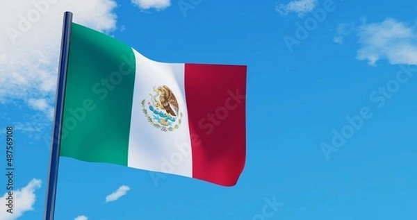 Fototapeta 3D illustration of Mexico Flag are waving in the sky