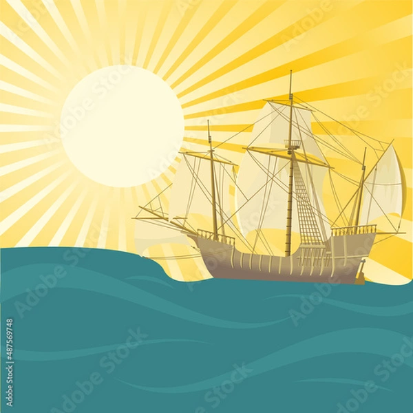 Fototapeta Sailboat silhouette at sunset, vector illustration, sailboat sailing in the ocean, sea and ship silhouette sailing in a boat with sails, flat style drawing.