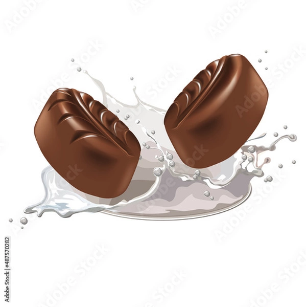 Fototapeta Sweets in drops of milk. Drawn elements on a white background.