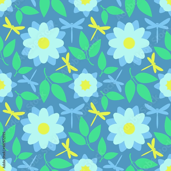 Obraz spring pattern. pastel floral background. seamless pattern with blue flowers and dragonflies. blooming meadow. light blue flowers on a blue background. vector ornament