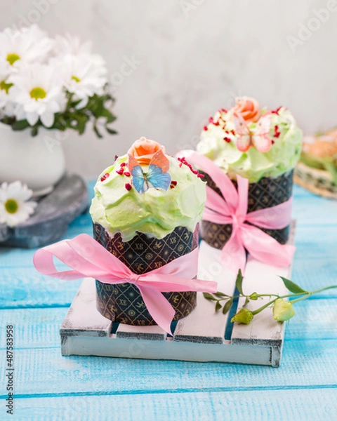 Obraz Easter cakes. Painted eggs. Easter background. Spring still life. Panettone.