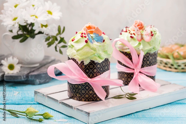 Obraz Easter cakes. Painted eggs. Easter background. Spring still life. Panettone.