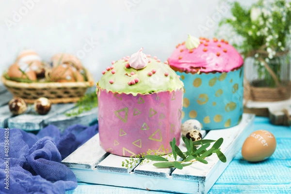 Obraz Easter cakes. Painted eggs. Easter background. Spring still life. Panettone.