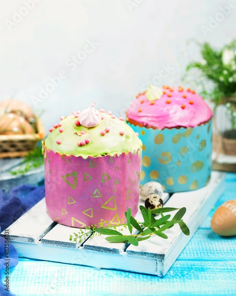 Obraz Easter cakes. Painted eggs. Easter background. Spring still life. Panettone.