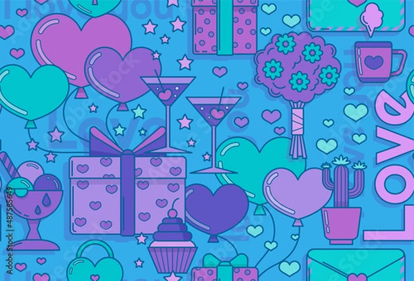 Obraz Seamless vector pattern for Valentine's Day in green and purple tones. Flat design with lines for printing on fabric or wrapping paper