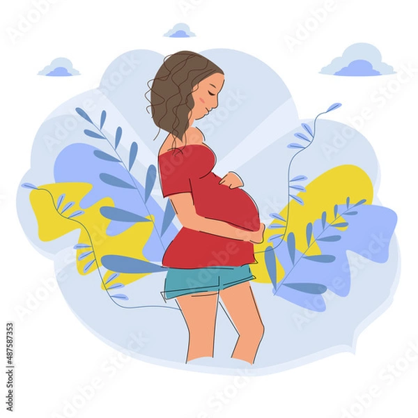 Fototapeta A modern banner about pregnancy and motherhood. A poster with a beautiful young pregnant woman. Minimalistic design, flat vector illustration.