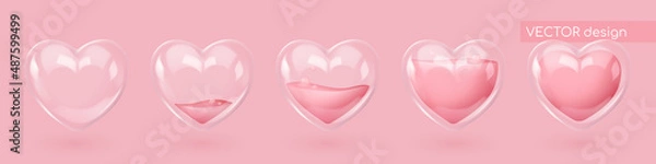 Fototapeta Set of realistic glass hearts with pink liquid with bubbles. Symbol of love. Vector illustration for card, party, design, flyer, poster, banner, web, advertising.