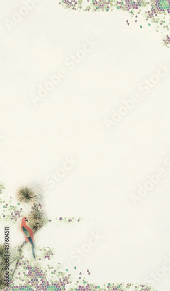 Fototapeta ヴィンテージタイルの雲に広重のコンゴウインコと松のフレーム背景イラスト縦型グリーン系