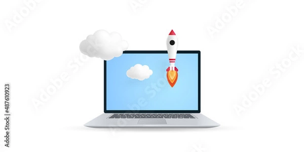 Fototapeta Rocket started from computer monitor illustration