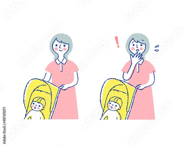 Fototapeta ベビーカーに乗る男の子とママ　笑顔と困った表情　上半身