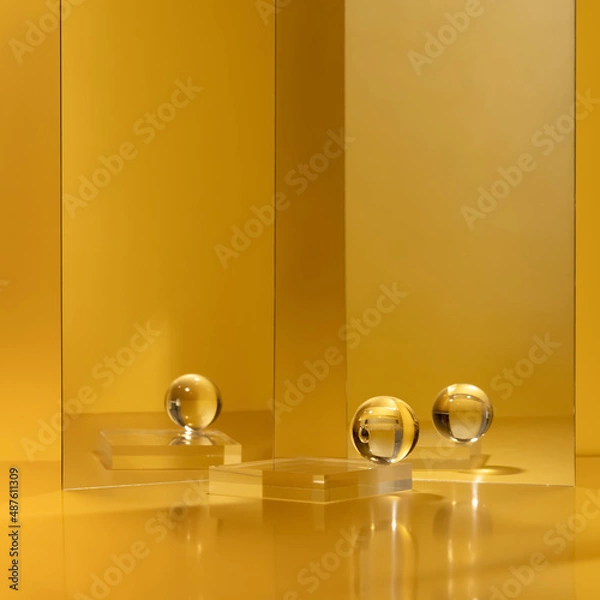 Fototapeta Crystal skincare product display stand on gold background decorated with mirror and crystal ball